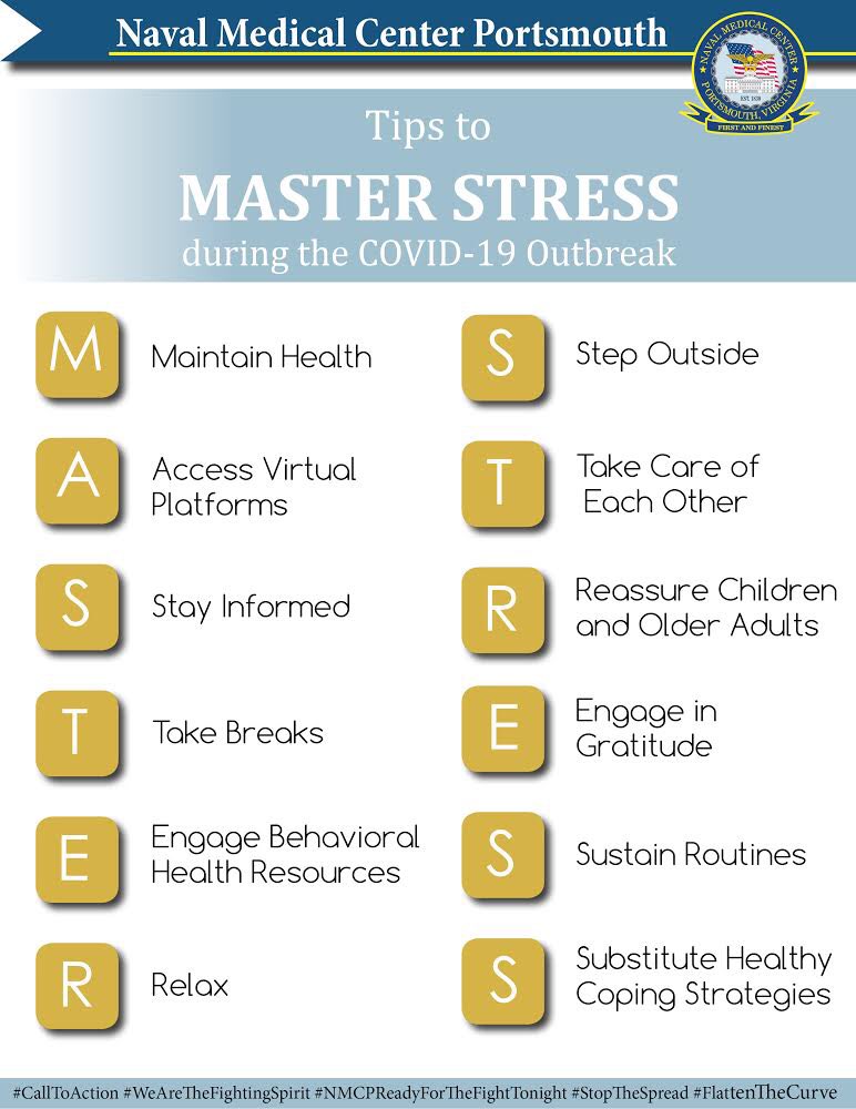 Here are some helpful tips on how to Master Stress during the COVID-19 outbreak.
Together we can #StopTheSpread and #FlattenTheCurve.
#CallToAction #WeAreTheFightingSpirit #NMCPReadyForTheFightTonight #StopTheSpread #FlattenTheCurve