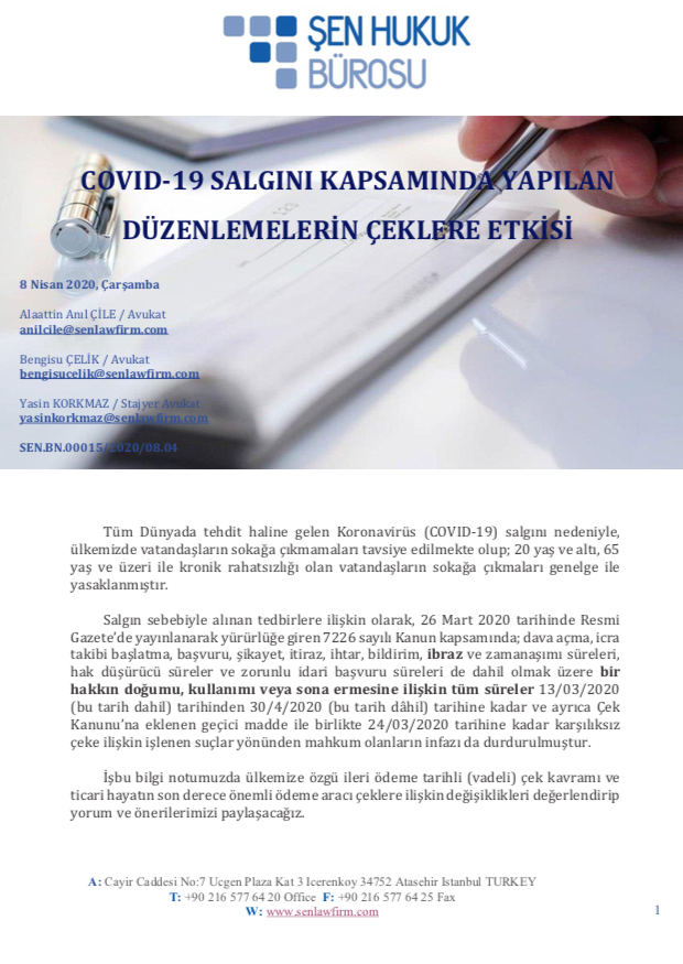 SenLawFirm's tweet photo. Ticari hayatın son derece önemli ödeme aracı çeklere ilişkin Covid-19 salgını kapsamında yapılan değişiklikleri değerlendirip yorum ve önerilerimizi paylaştığımız bilgi notumuza aşağıdaki linkten ulaşabilirsiniz.

https://t.co/n441hfNX0i

#coronavirus #EvdeKal #hukuk #salgın https://t.co/eUD5Ms6c9Q