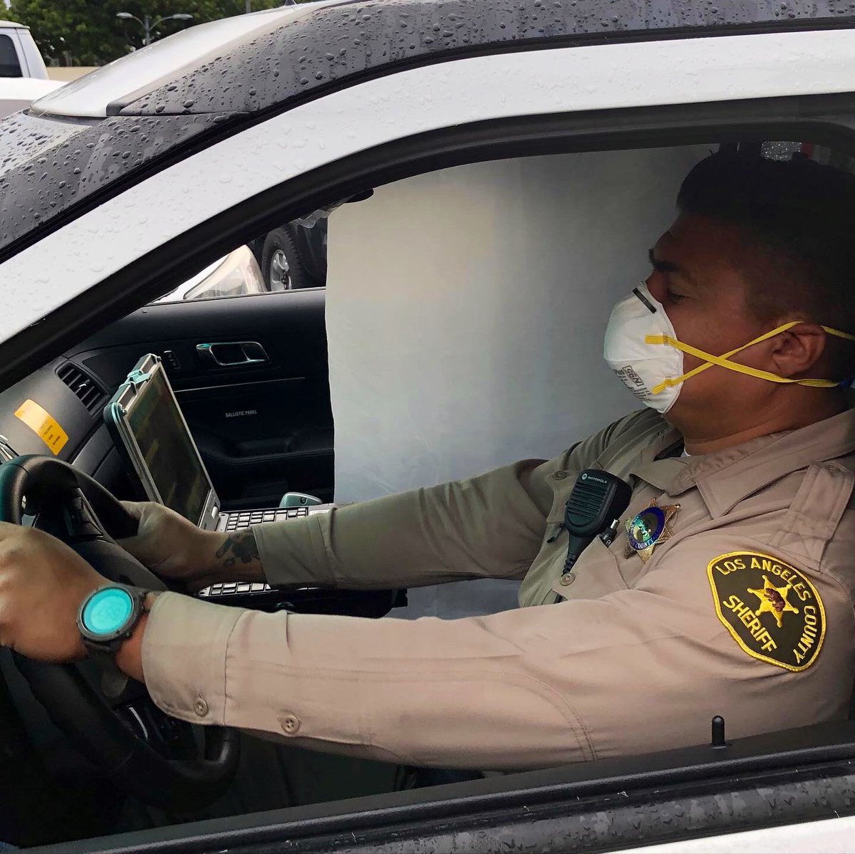 NorwalkLASD's tweet photo. When your partner picks you up for the shift and says he brought painter’s plastic from home because “I don’t know where you’ve been.” #SmartAlec. You make him take it down, though, because #YouCantDriveLikeThat. #LASD #Norwalk #LaMirada #Whittier #PartnerPranks #SocialDistancing https://t.co/UP68sb9myU