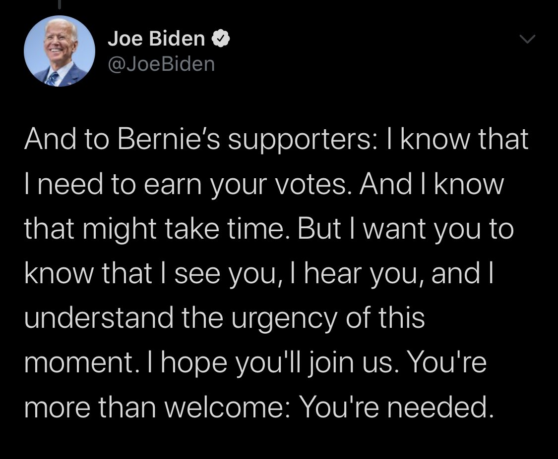 it would’ve been easy for the Dems to have been earning this bloc’s votes all along. To be acting with the same urgency as Bernie all along. To see and hear the people desperately trying to push the party left all along. Instead of as a platitude in victory, and nothing to follow