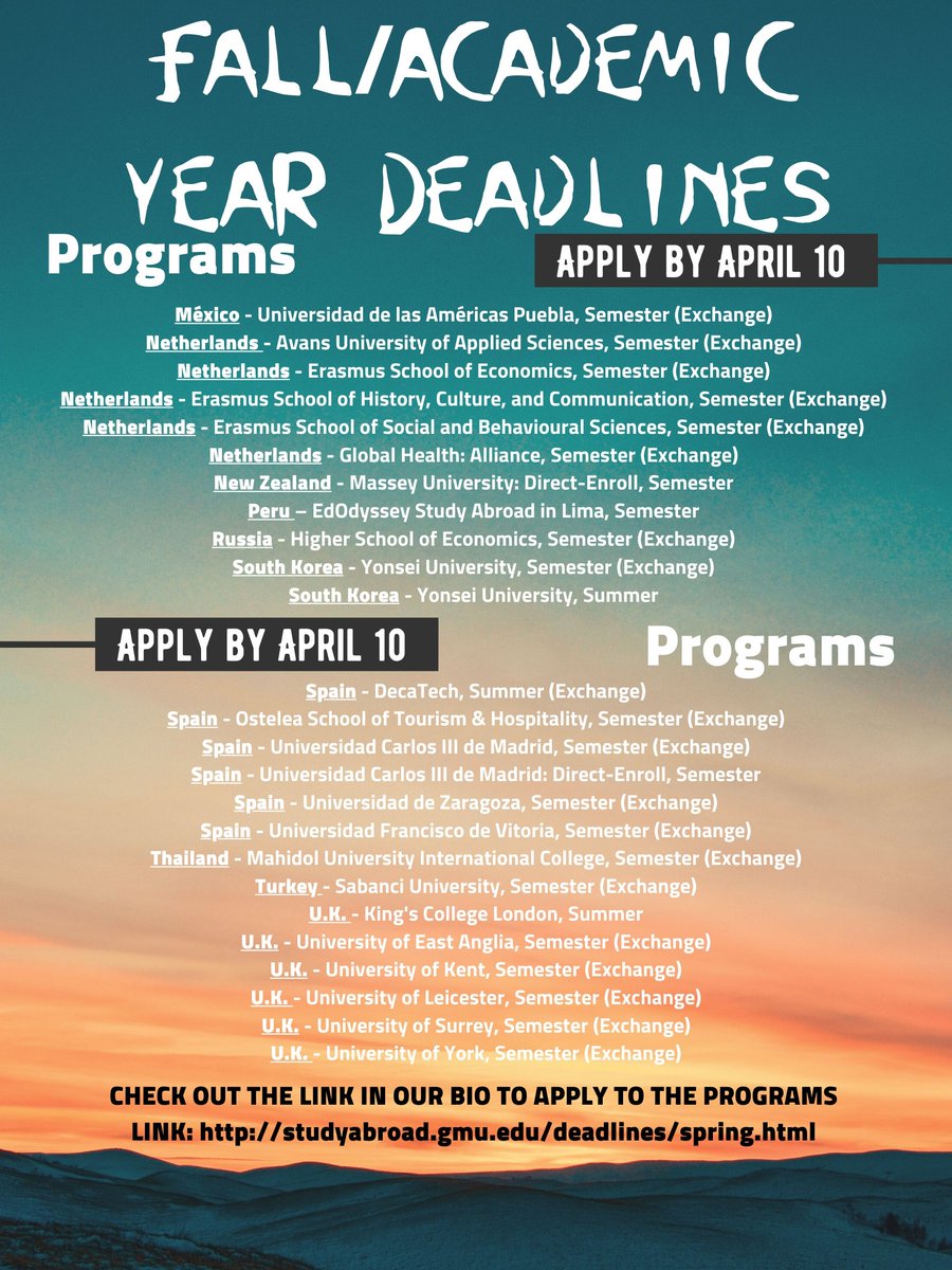 masonglobal's tweet photo. To study abroad in the fall or academic year, you have 2 DAYS LEFT TO APPLY!!

Link: https://t.co/phNM52dmpZ

 #studyabroad #globaleducation #goabroad #geo #gmu #studyabroad #adventure #mason #masonabroad #choosemason #georgemasonuniversity https://t.co/QohbawASUD
