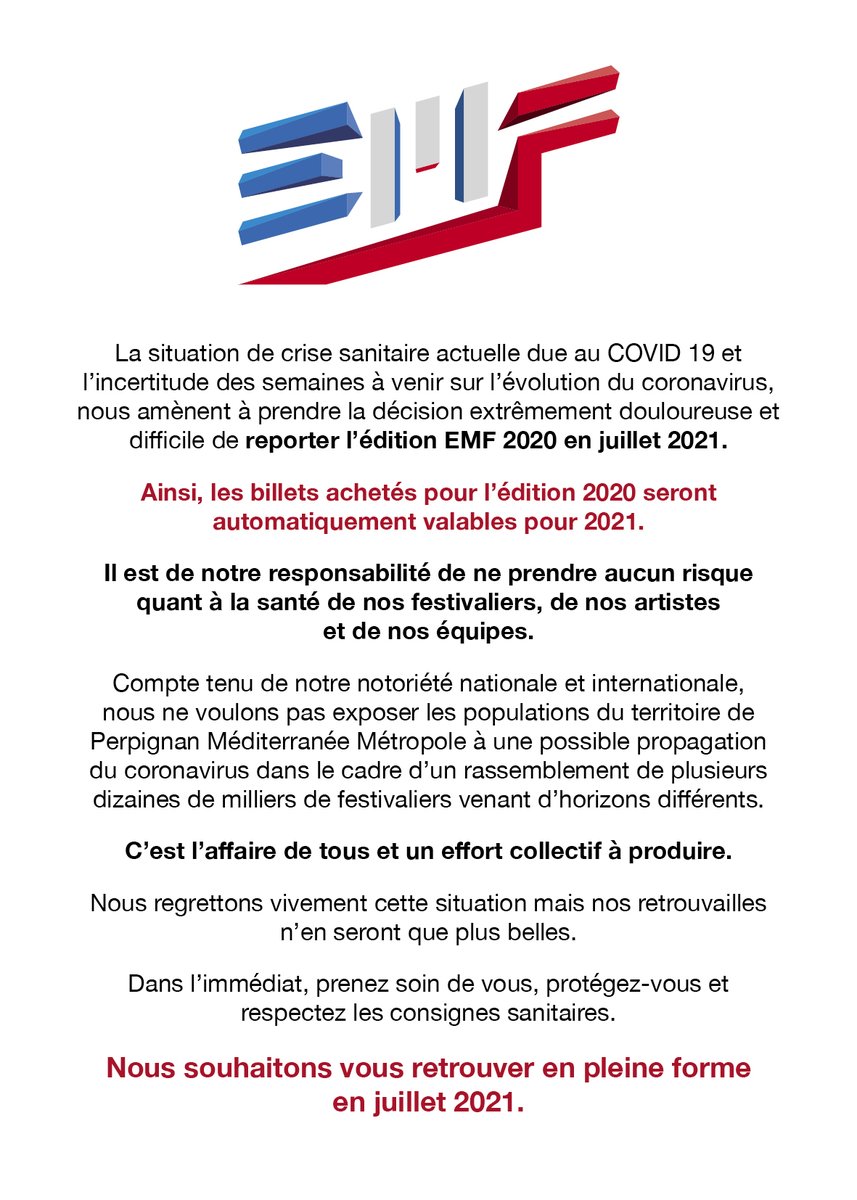 COMMUNIQUÉ :

🇫🇷 Report de la 10ème édition de l’Electrobeach Music Festival !

Rendez-vous pour #EMF2021