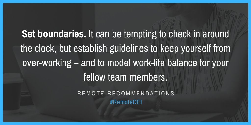 LearningAccel's tweet photo. Set boundaries. It can be tempting to check in around the clock, but establish guidelines to keep yourself from over-working – and to model work-life balance for your fellow team members. #RemoteDEI #WFH #remotework https://t.co/Nl2MZCBqKM
