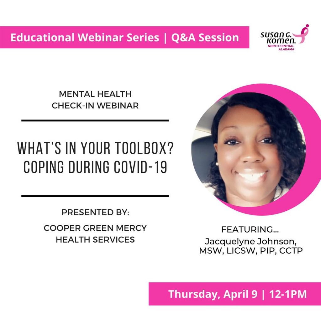 KomenNCAlabama's tweet photo. We have another wonderful webinar happening Thursday - register on our Facebook page today so you don't miss out! #KomenAL #InThisTogether #breastcancer #mentalhealth #patientcare #COVID19 #Alabama https://t.co/b6dCqWvgoK