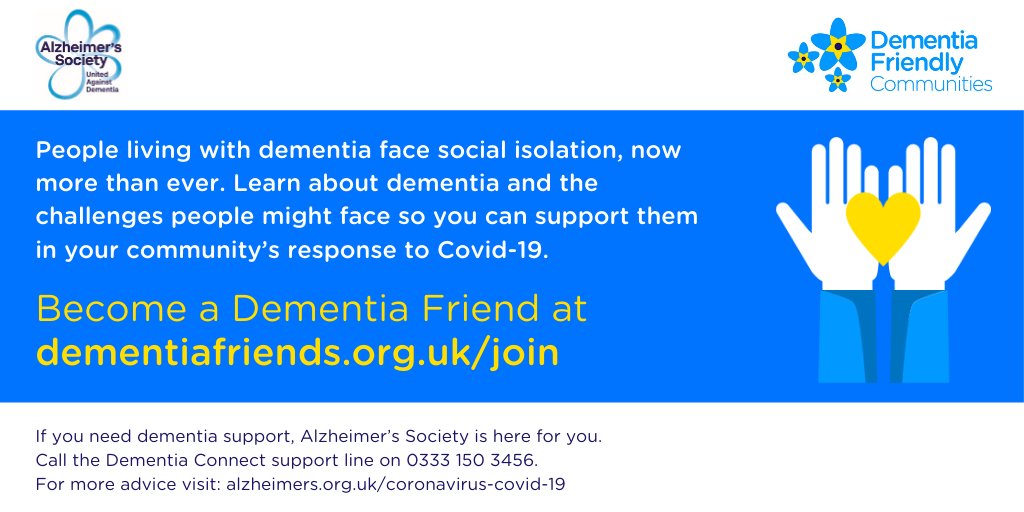 Now more than ever people affected by dementia need your understanding. For more information on how to support a family or friend living with dementia become a dementia friend.