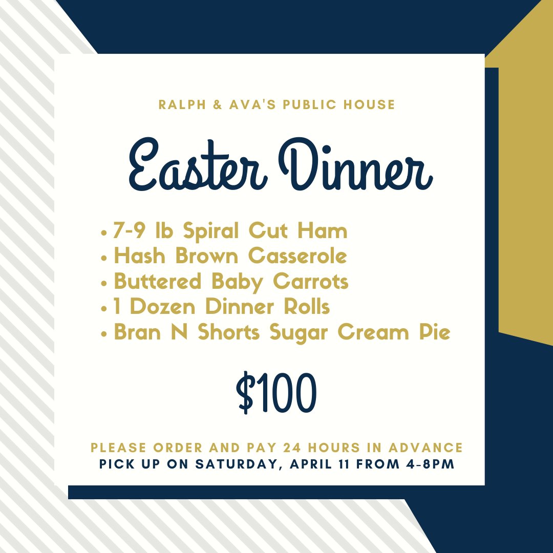 RalphandAvas's tweet photo. The deadline for placing Take and Heat Easter Dinners is tonight at 7:30pm. Make sure to call us at 317-834-9780 to get yours! https://t.co/V6YojtEM1d