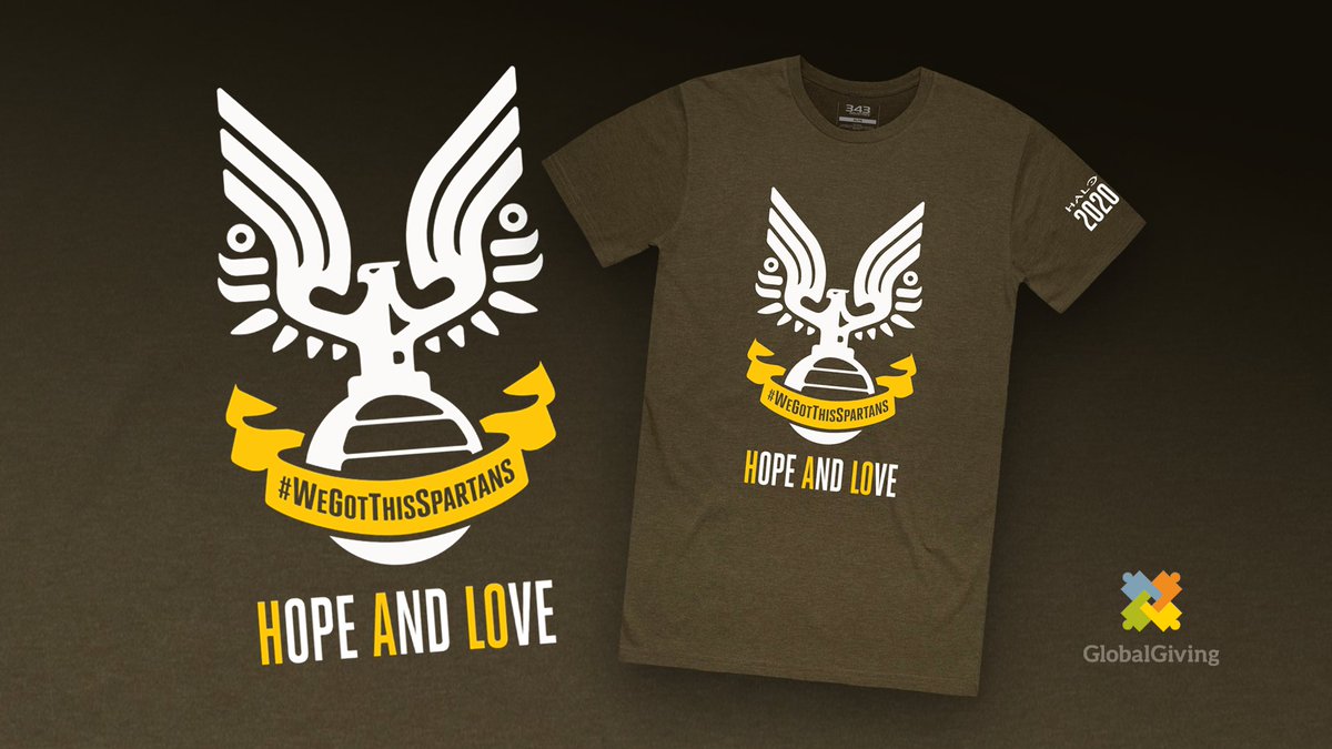 Halo's tweet photo. We're excited to partner with @metathreads to offer the official #WeGotThisSpartans shirt now through April 21! Each purchase includes a free month of @XboxGamePass Ultimate with all profits going to @GlobalGiving's Coronavirus Relief Fund. https://t.co/8f5c44Z0gM https://t.co/bgKiZ0wln7
