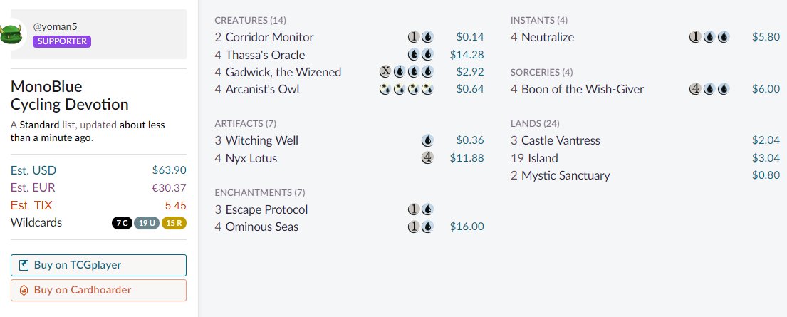 Deck 3 Mono U Devotion CyclingHas a "combo" kill, good flicker targets, makes owl look good. Might be too slow https://scryfall.com/@yoman5/decks/af5eeeae-b8cd-4744-8ab3-223ab3325c3e