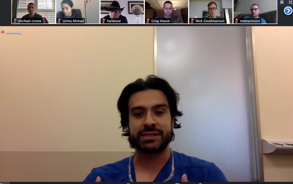 mcironeMD's tweet photo. Awesome round table with some of our EM/CritCare docs about #COVID19. We discussed HFNC, obesity, proning, heparin, Goals of Care convos, and ways to better align the “upstairs” and “downstairs” at @ACMCEM @DavidBarounis @ngoodmanson https://t.co/vEVOSBJR0H