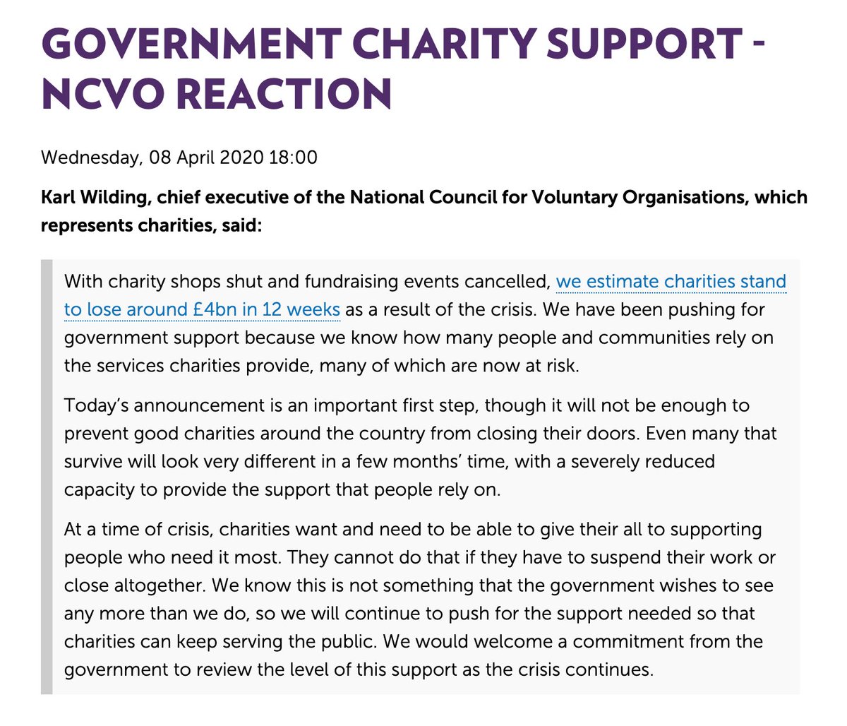 In response to the Chancellor's announcement on support for charities and civil society, here's a statement from me on behalf of  @ncvo:  https://www.ncvo.org.uk/about-us/media-centre/press-releases/2752-government-charity-support-ncvo-reactionI would like to thank  @RishiSunak  @OliverDowden  @dianabarran and their teams for working hard on this package. 1/