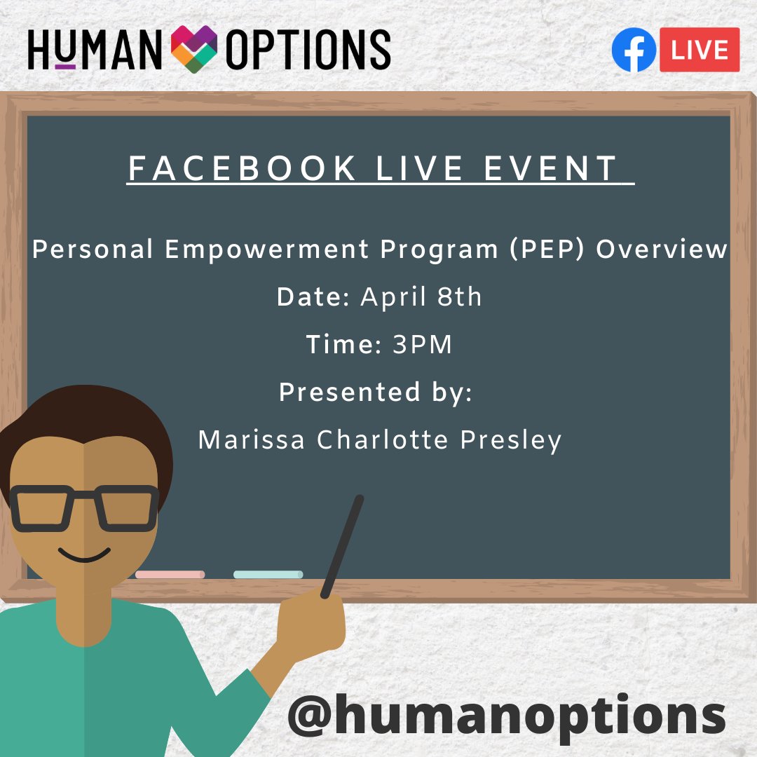 HumanOptions's tweet photo. Join us today on our Facebook page @humanoptions at 3PM for a live presentation on our Personal Empowerment Program (PEP) hosted by Marissa Charlotte Presley!
#breakthecycle #humanoptions #preventioneducation #community #education #personalempowerment #empowerment https://t.co/QIeMxjgIEU