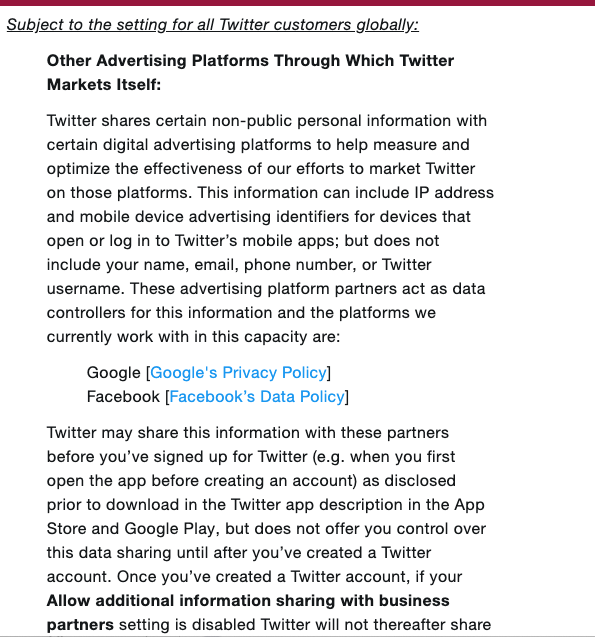 Remember yday when everybody was noticing that  @Facebook was making friend recommendations for people users only knew through Twitter?Well, now we know why. Super scary surveillance move, you assholes.  @Google  @Facebook  @Twitter  https://help.twitter.com/en/safety-and-security/data-through-partnerships