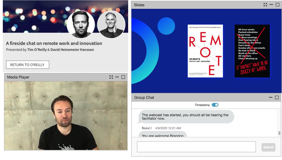 tcp_ack's tweet image. Amazing chat between @timoreilly  &amp;amp; @dhh on #remotework , especially about misconceptions of #remotework