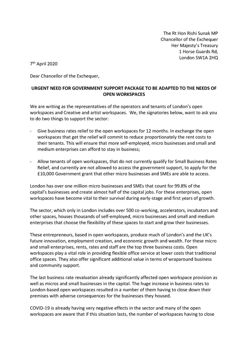 Many incredible creative and artistic businesses operate in Hackney workspaces, but can't access Government Coronavirus support. 

We're proud to sign this letter from London workspace providers to <a href="/RishiSunak/">Rishi Sunak</a> asking him to help these businesses by extending financial support.