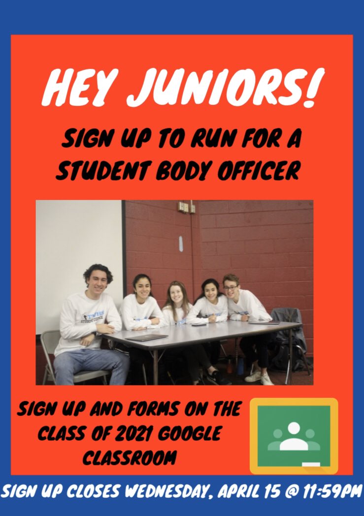 Hey Class if 2021! Do you want to be a Student Body Officer next year? Sign up to run for Student Body President, Vice President, Secretary, Treasurer, or Historian on the Class of 2021 Google Classroom! Sign ups open until next Wednesday at 11:59pm!