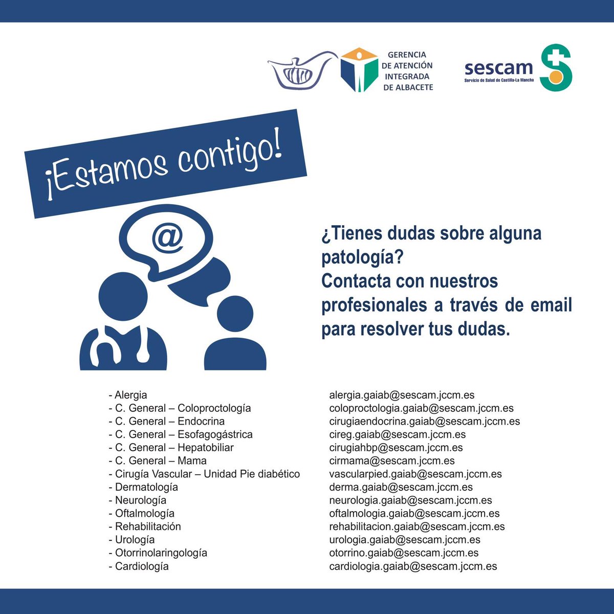 Nueva vía para contactar con nuestros profesionales y resolver posibles dudas que como paciente te puedan surgir. Contacto vía email por especialidades. Ya son 14, ¡pronto más! #COVIDー19 #comunicacion #EstoLoParamosUnidos