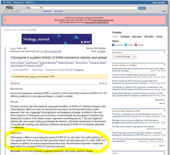 Now, I can't promise you I know for sure.But doesn't it seem like they've had evidence that Chloroquine is a potent inhibitor of the Sars-Covid virus since 2005?What if they new there was a cure but were pushing for a vaccine?Why would they do that? https://www.ncbi.nlm.nih.gov/pmc/articles/PMC1232869/