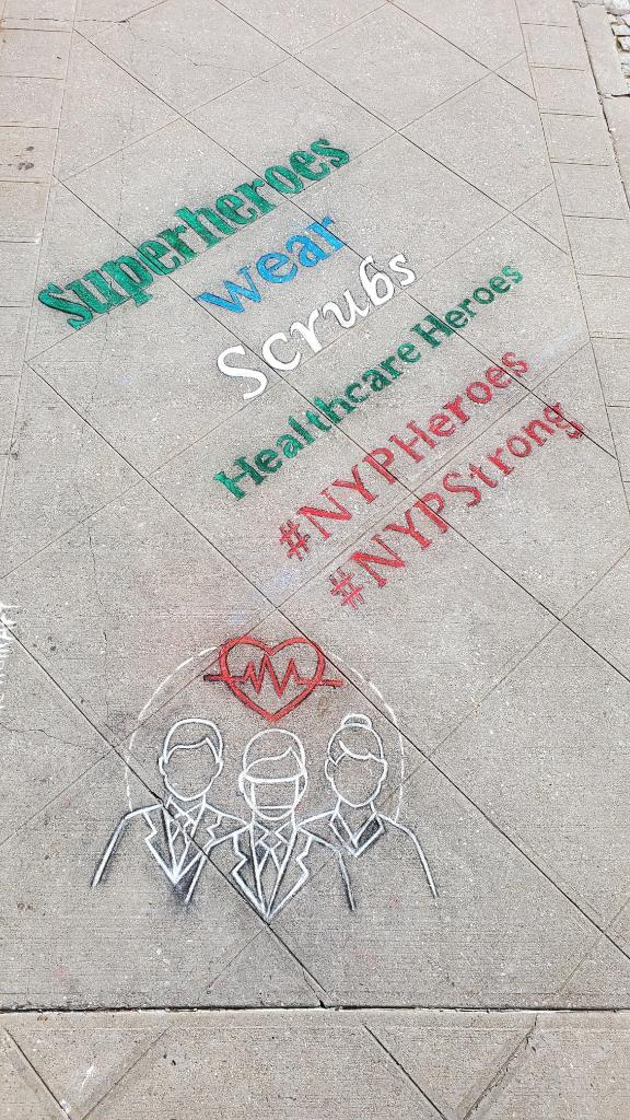 nyphospital's tweet photo. The positive messages of hope and thanks for our amazing #NYPHeroes keep coming! Thanks to @hanisidewalkart, all the entrances of our #NYP campuses will display a special note to staff to help lift them up as they report to work on the front lines of #COVID19. https://t.co/ApwAkQChf1