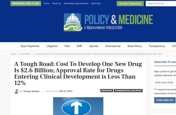 Let's look at the alternative firstIt costs multiple billions and take numerous years to develop a new, working drugThat's not even talking about the lawsuits on the back endsources: https://www.policymed.com/2014/12/a-tough-road-cost-to-develop-one-new-drug-is-26-billion-approval-rate-for-drugs-entering-clinical-de.html https://www.cnbc.com/2019/01/10/why-prescription-drugs-in-the-us-cost-so-much.html https://www.forbes.com/sites/matthewherper/2017/10/16/the-cost-of-developing-drugs-is-insane-a-paper-that-argued-otherwise-was-insanely-bad/#6a5c85932d45