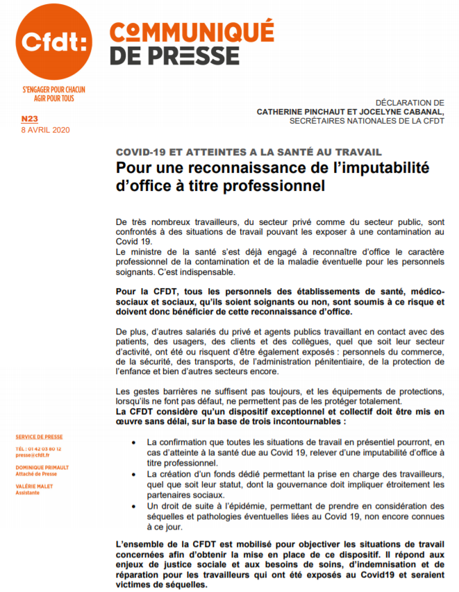CFDT's tweet photo. || COMMUNIQUE DE PRESSE || Pour la @CFDT il est nécessaire de mettre en place un dispositif exceptionnel pour les très nombreux travailleurs, du privé comme du public, confrontés à des situations pouvant les exposer à une contamination au #COVIDー19

https://t.co/C8wSNXVbj2 https://t.co/sPctWTKXV9