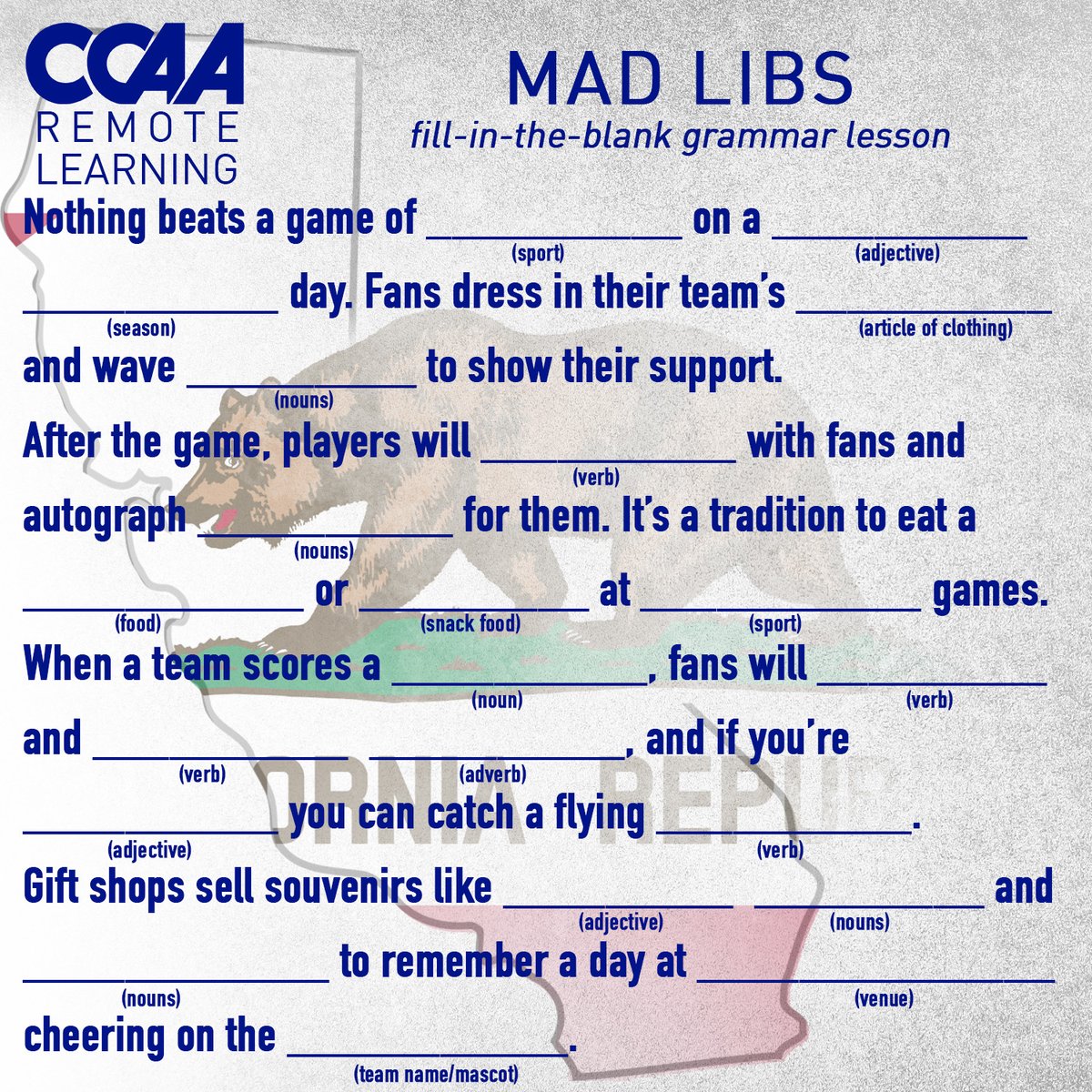 goccaa's tweet photo. #CCAARemoteLearning | About time for another lesson, we'd say! Let's write a sports story, #madlib style - be sure to share the finished product >>> https://t.co/WC7wYBunW6