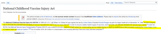 If the light bulb hasn't gone off yet, I'm guessing it's going to now._____________________At this point, you might want to go back to the top of the thread and scan everything I've said so you've made sure you are seeing the 30,000 foot view https://en.wikipedia.org/wiki/National_Childhood_Vaccine_Injury_Act