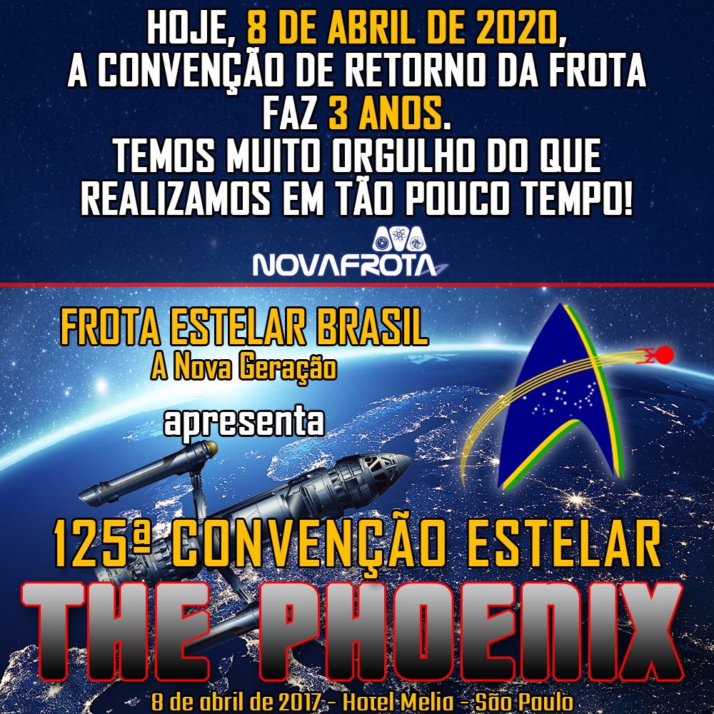 NovaFrotaBR's tweet photo. Três anos da 125ª Convenção Estelar Phoenix! A volta da Frota Estelar Brasil
#novafrotabr #frotaestelarbrasil #jornadanasestrelas #startrekbr #startrekbrasil https://t.co/dMo75vPKbG