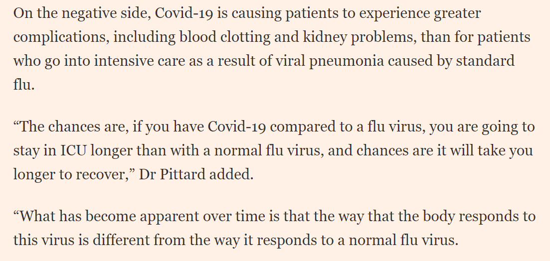 There is also lots of uncertainty about  #covid19 but as Dr Pittard explains, on average you get more complications (blood clots to lungs, kidney complications) that with regular 'flu/viral pneumonia. /4