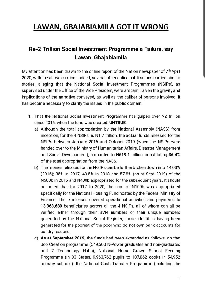 Mrs. Maryam Uwais was Head of the Social Investment Programmes between 2015 and 2019. She has responded to  @SPNigeria and  @femigbaja on the untoward accusations made by both regarding the Social Investment Programmes.Now Lawyers protect their reputation. Please read and share