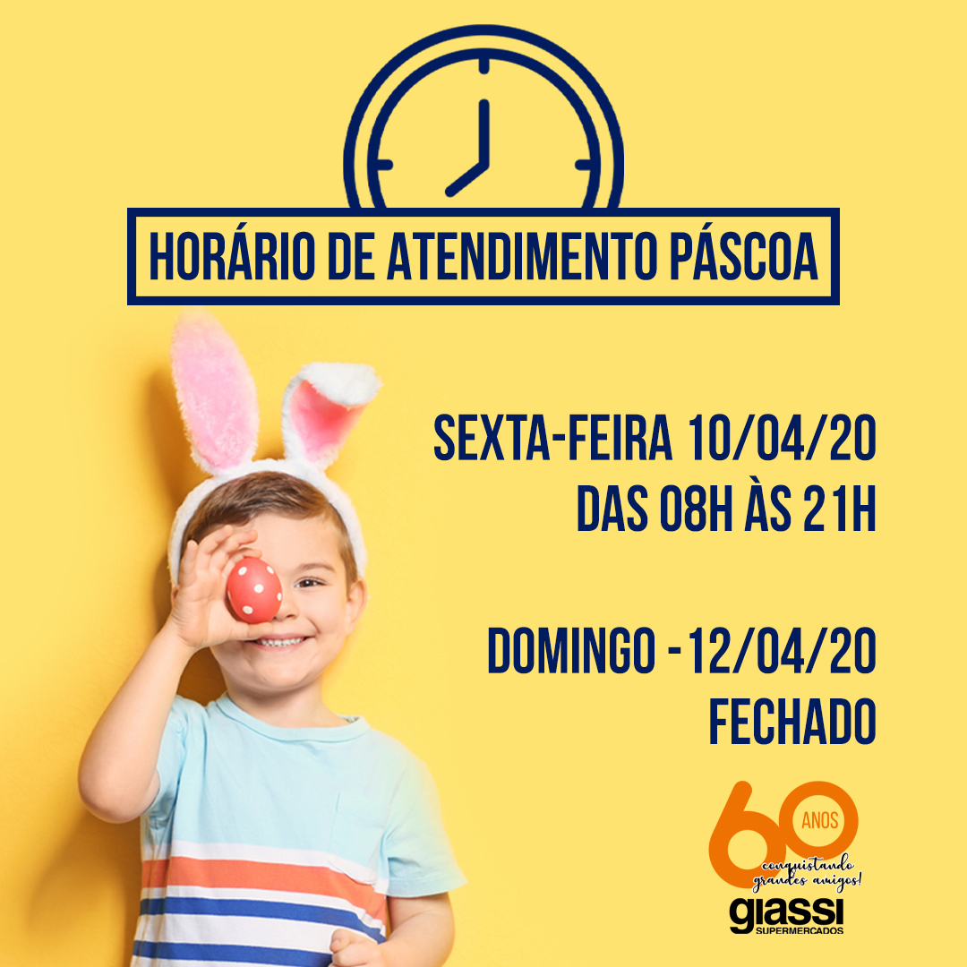redegiassi's tweet photo. Fique atento aos horários do Giassi para o feriado de Páscoa. Programe suas compras!

#PáscoaGiassi #Giassi60anos #Páscoa #horários #ovos #chocolate https://t.co/o7BFernxQe