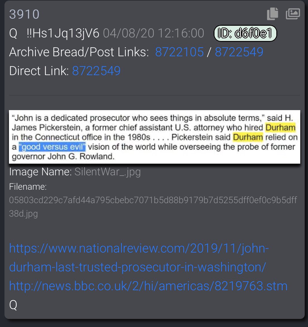  #QAlert 4/8/20 Q3910 https://www.nationalreview.com/2019/11/john-durham-last-trusted-prosecutor-in-washington/ http://news.bbc.co.uk/2/hi/americas/8219763.stmQ #QAnon  #QArmy  #DarkToLight  #WWG1WGA  @POTUS