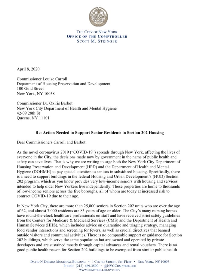 HarveyforNY's tweet photo. .@NYCComptroller and I are calling on @NYCHousing and @NYCHealthCommr to fill the gaps the feds have left in protecting seniors in Section 202 housing from #COVID19Pandemic. The City must step up — their action now could make all the difference for these New Yorkers. https://t.co/lLm6Rbr6Dq