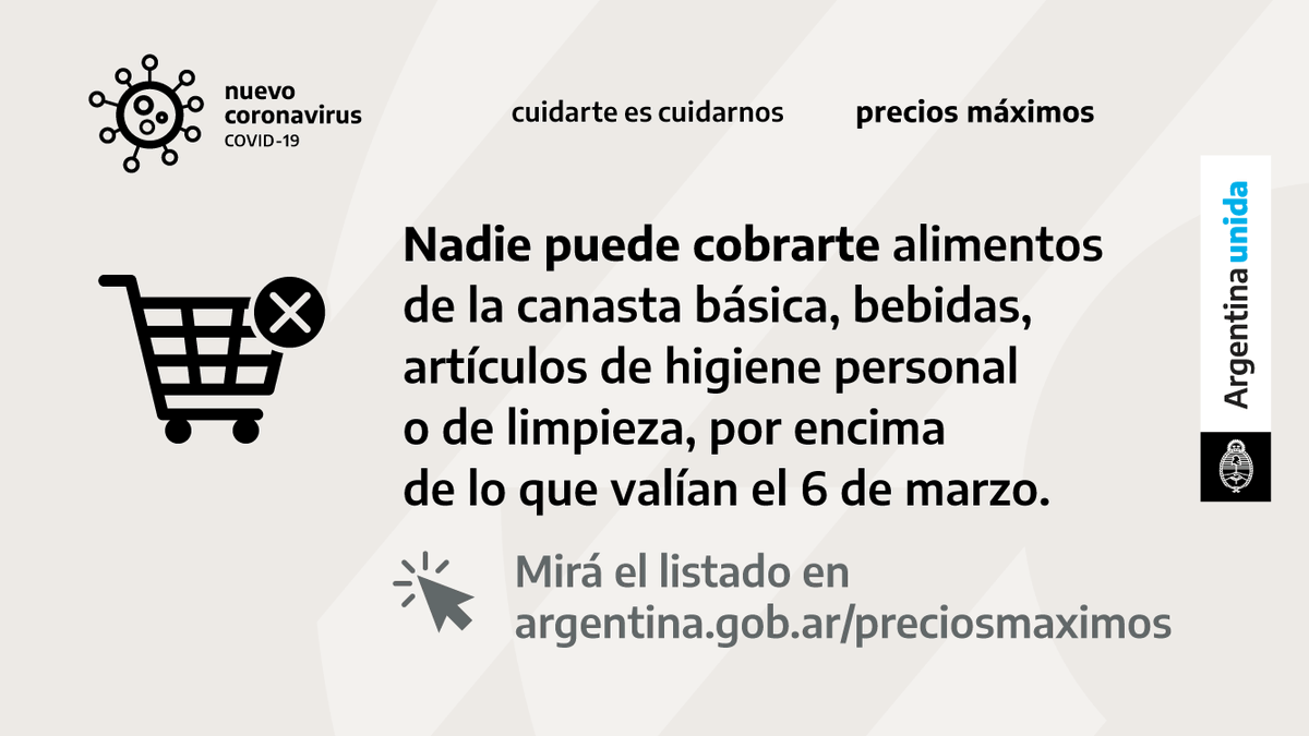 CasaRosada's tweet photo. El Gobierno congeló el precio de los productos de primera necesidad al valor del 6 de marzo.
 
Conocé la lista y denunciá incumplimientos en https://t.co/okbdAi9tbM
 
Cuidar el bolsillo de la ciudadanía es también cuidar su salud.
 
#ArgentinaUnida #CuidarteEsCuidarnos https://t.co/FnQtB4lKfi