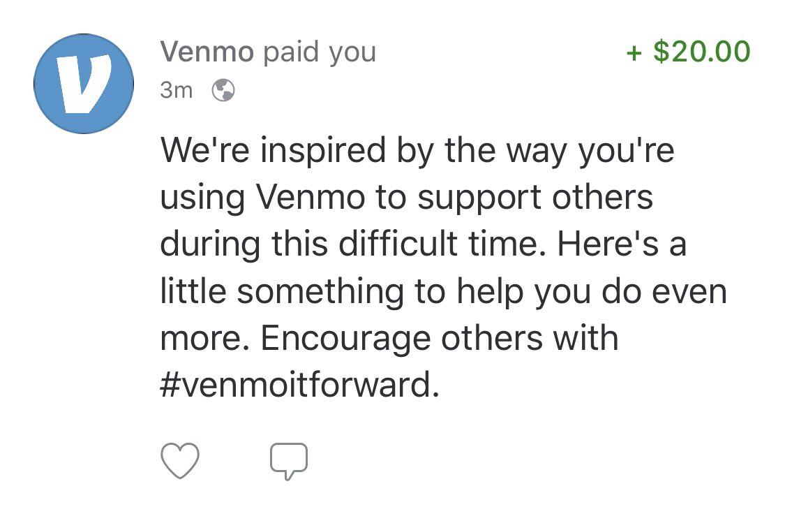 kelssbeth's tweet photo. I am BLOWN away by @venmo and their kindness. I will certainly #venmoitforward with this $20 to all those risking their lives to get our world back to good health and safety. https://t.co/3HVKYf8h0B