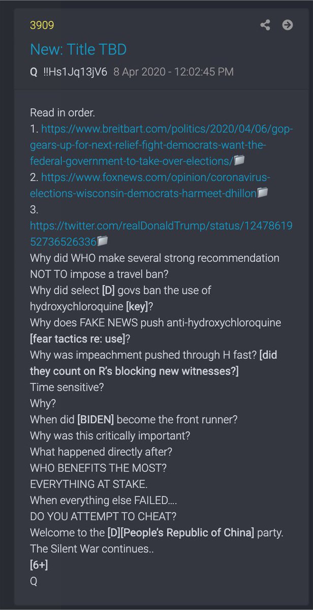 39.  #QAnon Why did WHO make several strong recommendation NOT TO impose a travel ban?Why was it key for select [D] governors to ban the use of hydroxychloroquine? Why does  #FakeNews push anti- #HCQ fear tactics re its safe use?WHO BENEFITS THE MOST?  #Q https://twitter.com/realDonaldTrump/status/1247861952736526336