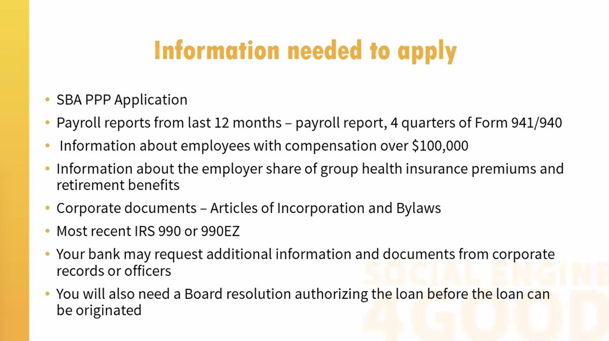 Here's what a  #nonprofit needs in order to apply for a PPP  #CARESact loan.  @KateSBarr  @PropelNP  @SmartNonprofits