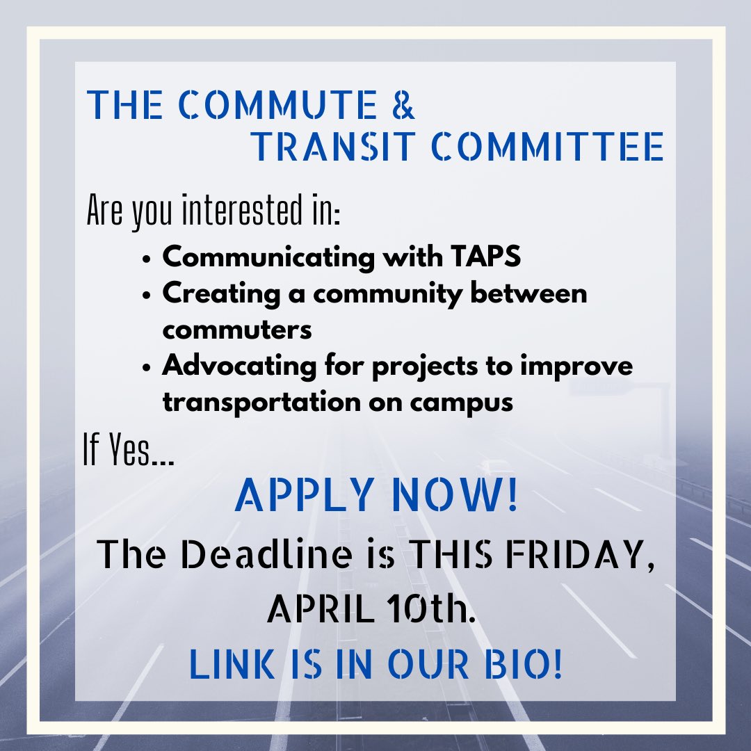 Just a reminder that the applications for ASUCR’s newly established Commute &amp; Transit Committee is due this Friday, April 10th at 5:00 pm! We encourage you to apply! if you have any questions, you can email Eric Calderon at ecald016@ucr.edu! 
The link to APPLY is in our bio!