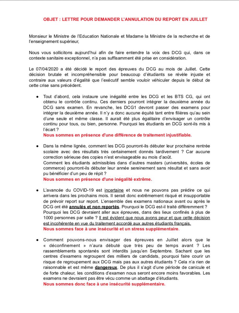 Mediavenir's tweet photo. 🇫🇷 Pandémie de #coronavirus : Les étudiants en Diplôme de comptabilité et gestion (DCG) refusent que leurs épreuves soient reportées en juillet, et jugent qu’il s’agit d’une injustice. Ils ont écrit une lettre au ministre de l’éducation nationale. (@InegaliteDCG) #COVID19 https://t.co/5DXhyDOgZB