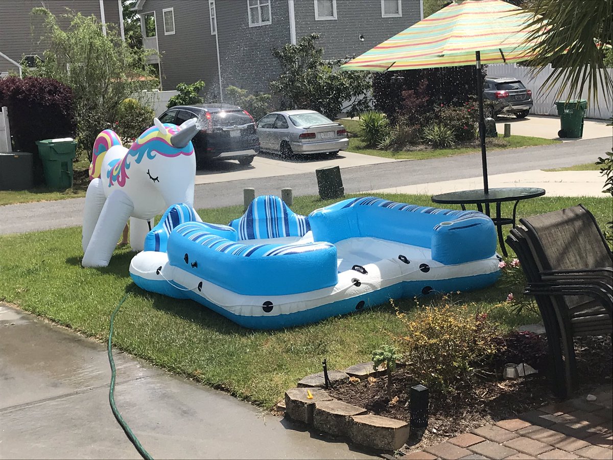 sentell_brook's tweet photo. So this is happening after home schooling today!! Love my unicorn sprinkler! #poolclosed #Backyardpoolparty https://t.co/zZr4MZb5dh