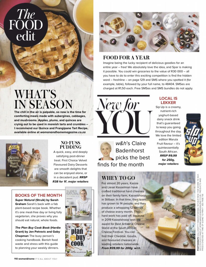 kasselshoop's tweet photo. @womanandhome_sa April issue. Although the @SACheeseFest has been postponed till 2021, you can still buy our cheese at @CheckersSA stores nationwide! 

#HandCraftedCheese #Stilbaai #KasselshoopCheese https://t.co/z0zFYoan1N
