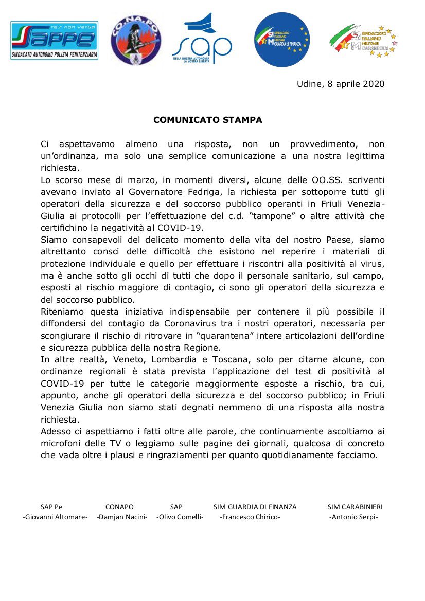 SFinanza's tweet photo. #Covid19 Il #SIMGdF unitamente a #SAP #SIMCC #SAPPE #CONAPO ha sollecitato il Presidente della #RegioneFriuliVeneziaGiulia #MassimilianoFedriga al fine di sottoporre a test doagnostico gli appartenenti alle #ForzediPolizia e #ForzeArmate https://t.co/UBjdSFGrAW