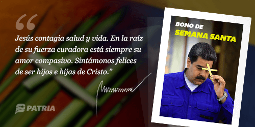 Inicia la entrega del Bono de Semana Santa enviado por nuestro Presidente <a href="/NicolasMaduro/">Nicolás Maduro</a> a través del <a href="/CarnetDLaPatria/">Carnet de la patria</a>, por un monto de 350.000 bs. La entrega tendrá lugar entre los días 8 al 15 de abril de 2020. 

#VenezuelaAvanzaEnSalud
