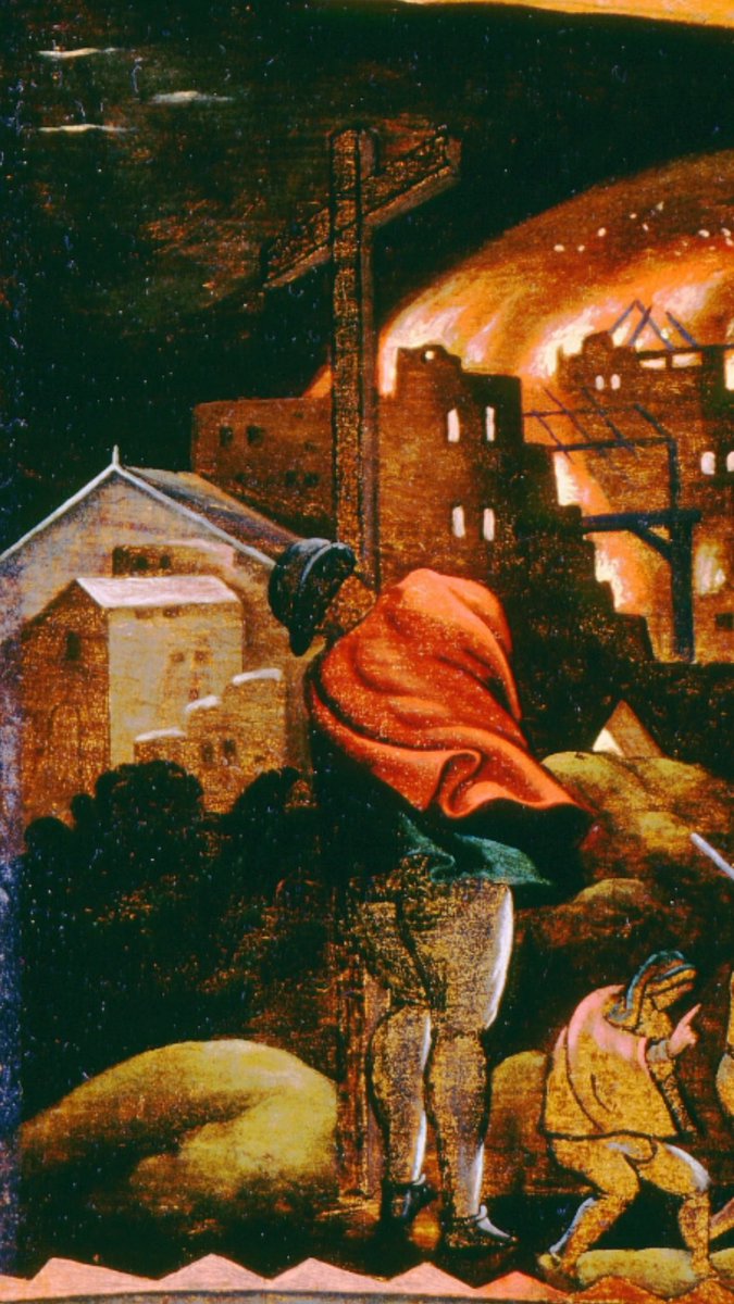 It can be a little difficult to make out all that is going on. It is dark and foreboding, with different areas to draw our attention. In upper left, a city is in flames, and a person in a red cloak erects a cross. 2/6