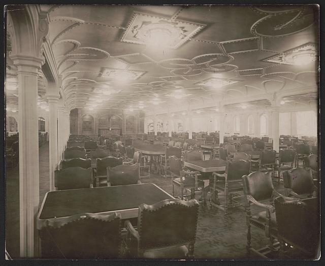 The main dining room on the Salon deck of the Titanic, 1912.