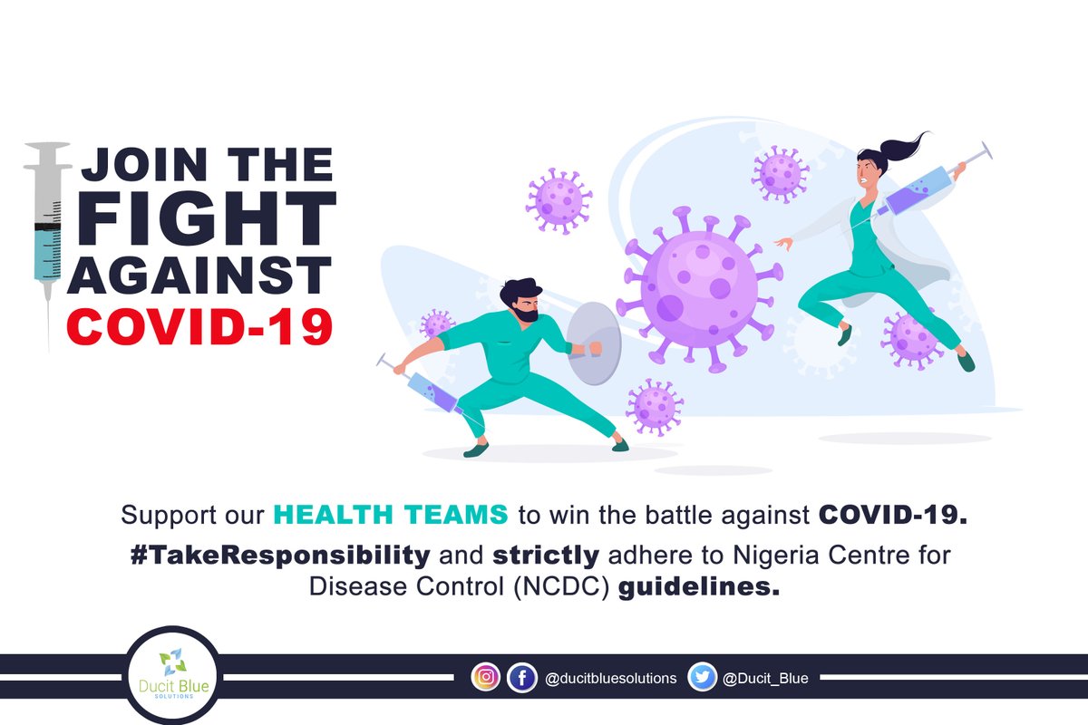 Ducit_Blue's tweet photo. Our healthcare workers are on the #frontlines working daily to provide care and manage cases of #COVID-19 in Nigeria.

Let's do our part in supporting them by adhering strictly to @NCDCgov guidelines. 

#SocialDistancing 
#RegularHandWashing 
#StayAtHome. https://t.co/cfPWU5E0Di