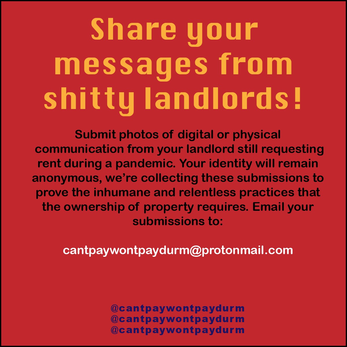 If you get messages from a shitty landlord that you want to put them on blast, send us a screenshot! The public pressure is just beginning. Also, for compilation of resources, form letters to landlords, & legal tips, check out cantpaywontpaydurm.org #cantpaywontpay #werefuse