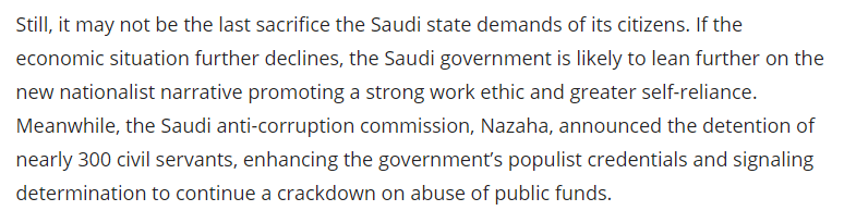 An added twist is MBS's more overt appeal to nationalism. The Aramco IPO was a prime example, but  @kdiwaniya argues here that it may portend Saudi citizens being asked to do more and endure more sacrifices:  https://agsiw.org/the-big-gamble-of-mohammed-bin-salman-and-saudi-arabia/ via  @GulfStatesInst (8/9)