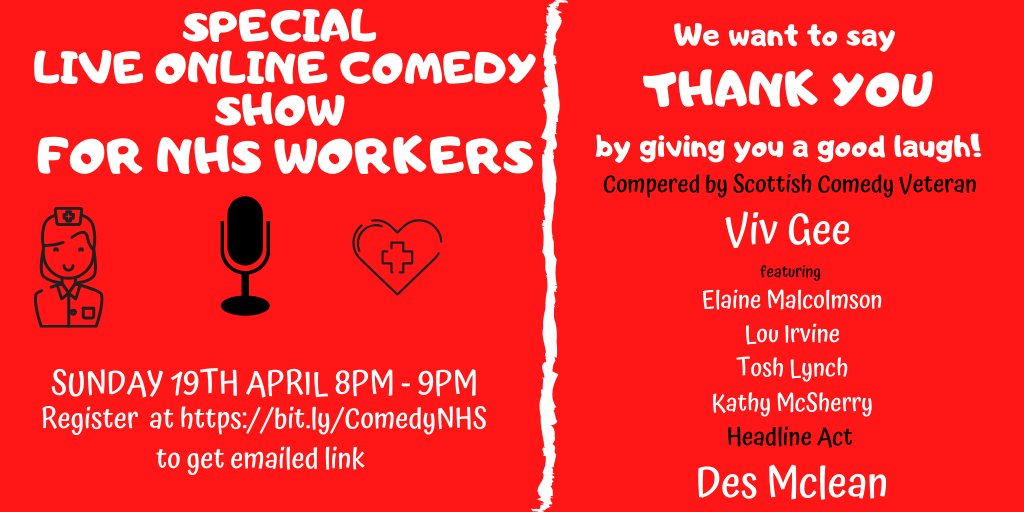 MissLouIrvine's tweet photo. We want to say thank you to NHS workers &amp; carers with a special live comedy show hosted by @gee_viv headlined by @desmclean featuring @emalcolmson and more! Please share and register here https://t.co/p3MvSsdeaX 👩‍⚕️👨‍⚕️🩺 https://t.co/6iehuRNRvD