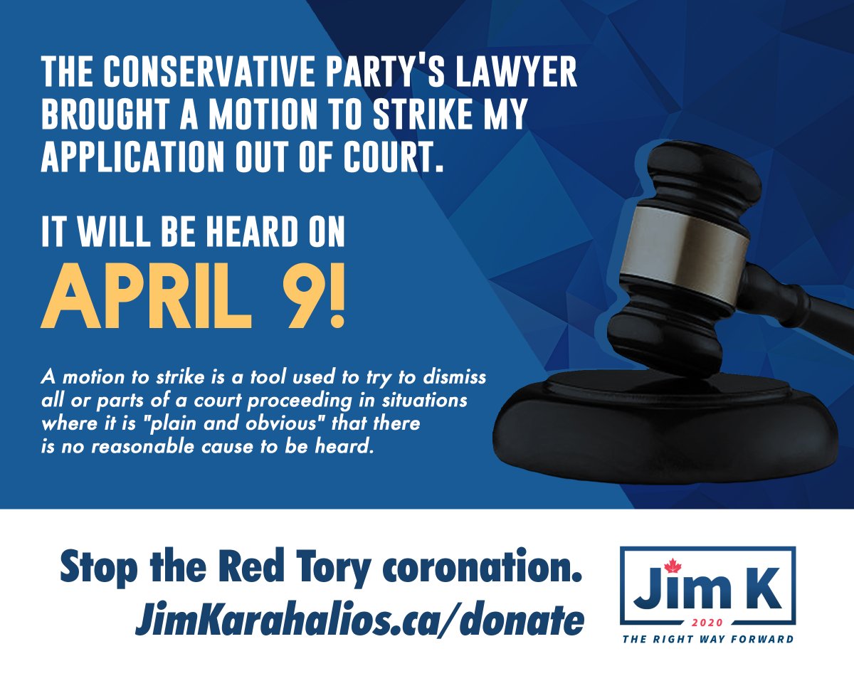 jimkarahalios's tweet photo. .@CPC_HQ lawyer brought a motion to strike our claim out of court - heard tomorrow. This tries to dismiss all/parts of proceeding where it's "plain &amp; obvious" there's no reasonable cause to be heard. An added step before app can be heard on merits. Means more time &amp; $$$. #cdnpoli https://t.co/GytIEWE0kM