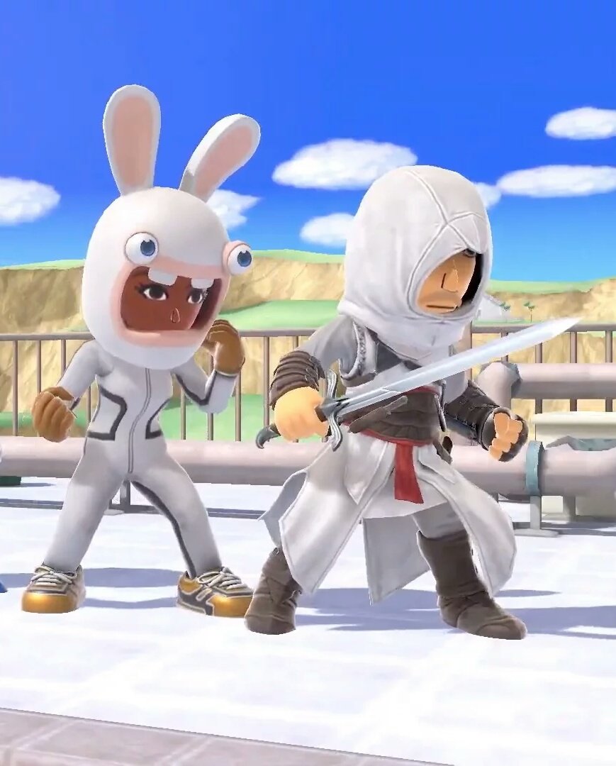 2. If Brawlhalla was REALLY a competitor to Smash, then why the hell would Ubisoft WHO PUBLISHED THE GAME! Give Sakurai 4 spirits: Rayman, Rabbid Mario, Rabbid Peach, and Rabbid Donkey Kong! And also give them TWO mii costumes: Rabbids and Altair!